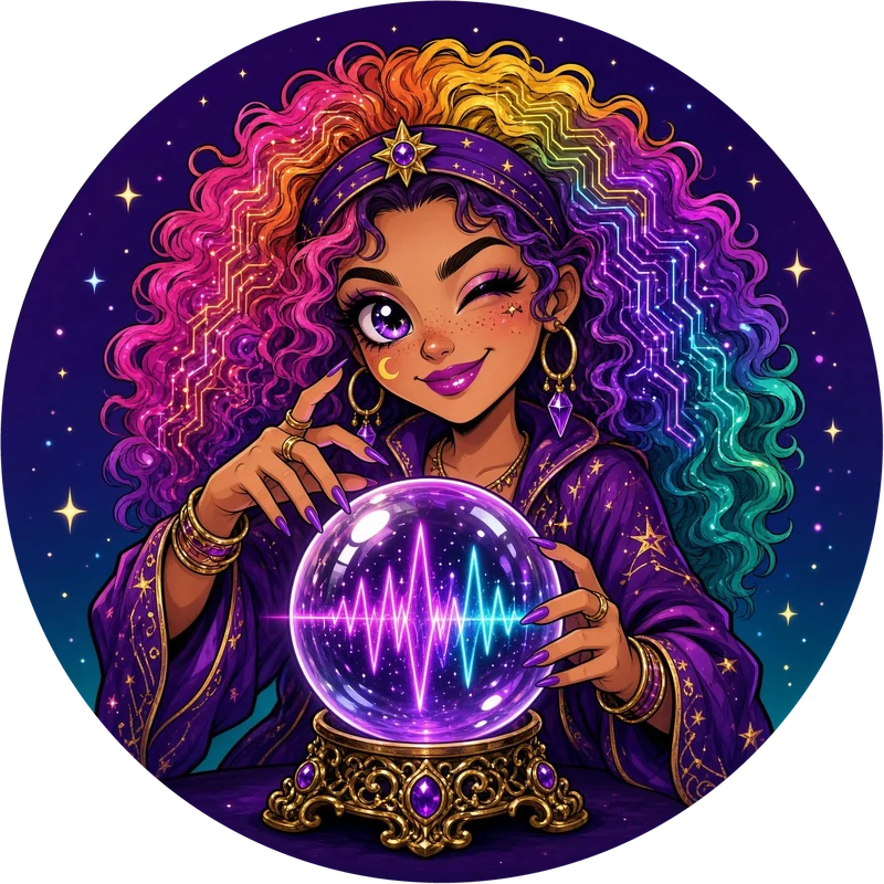 Karma winking over her crystal ball, rainbow curls glowing with circuit lines.